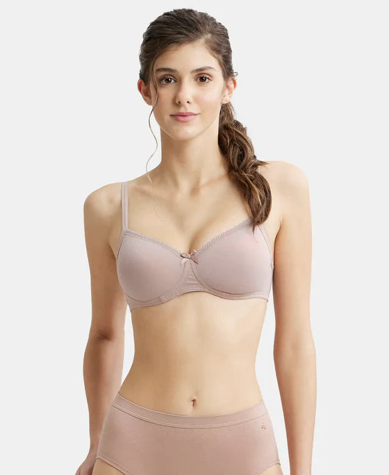 #1723 02 Jockey Women's Wirefree Padded Super Combed Cotton Elastane Stretch Medium Coverage With Lace Styling T-Shirt Bra