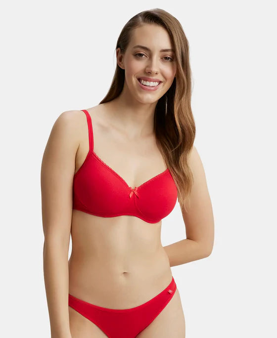 #1723 02 Jockey Women's Wirefree Padded Super Combed Cotton Elastane Stretch Medium Coverage With Lace Styling T-Shirt Bra