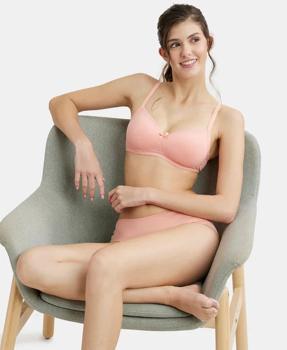 #1723 Jockey Women's Wirefree Padded Super Combed Cotton Elastane Stretch Medium Coverage With Lace Styling T-Shirt Bra