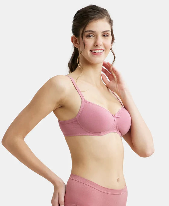 #1723 02 Jockey Women's Wirefree Padded Super Combed Cotton Elastane Stretch Medium Coverage With Lace Styling T-Shirt Bra