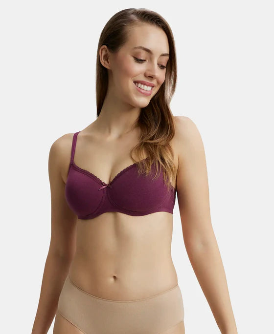 #1723 02 Jockey Women's Wirefree Padded Super Combed Cotton Elastane Stretch Medium Coverage With Lace Styling T-Shirt Bra