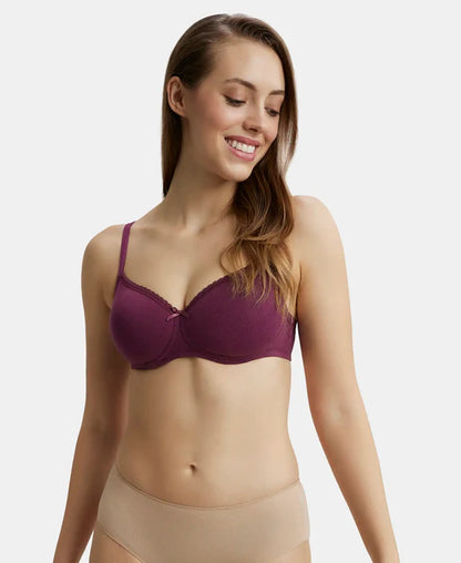 #1723 02 Jockey Women's Wirefree Padded Super Combed Cotton Elastane Stretch Medium Coverage With Lace Styling T-Shirt Bra