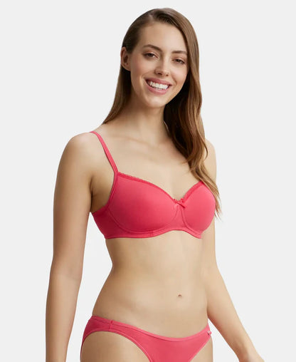 #1723 02 Jockey Women's Wirefree Padded Super Combed Cotton Elastane Stretch Medium Coverage With Lace Styling T-Shirt Bra