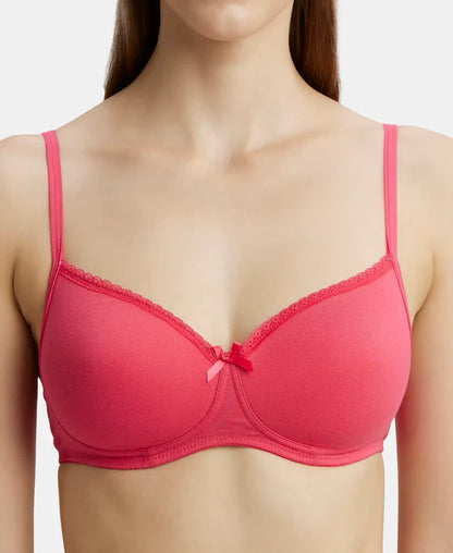 #1723 02 Jockey Women's Wirefree Padded Super Combed Cotton Elastane Stretch Medium Coverage With Lace Styling T-Shirt Bra